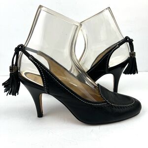 Hugo Boss Tassel Fringe Trim Leather Heels 39/8.0 Black Designer Quiet Luxury
